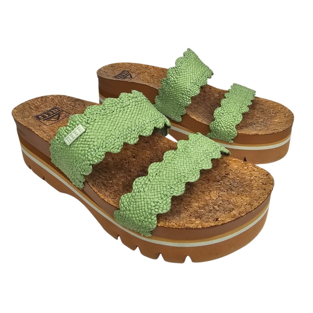 Reef Vista Scallop Women 8.5 Green Platform Sandal Slide Woven Scalloped Straps